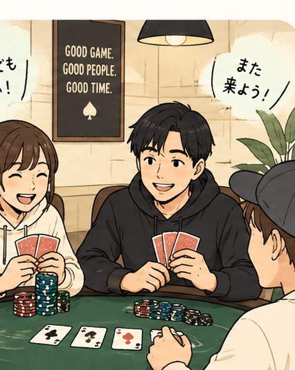 スタッフと一緒に笑顔でカードを楽しむお客さま
